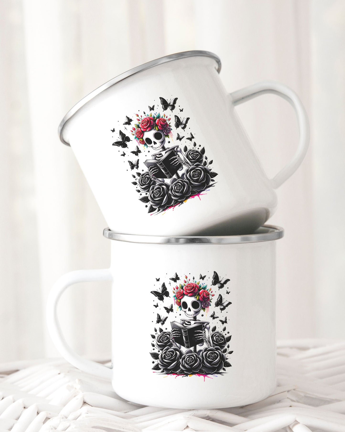 Goth Skeleton Reading Mug – Dark Academia Coffee Cup with Rose Crown