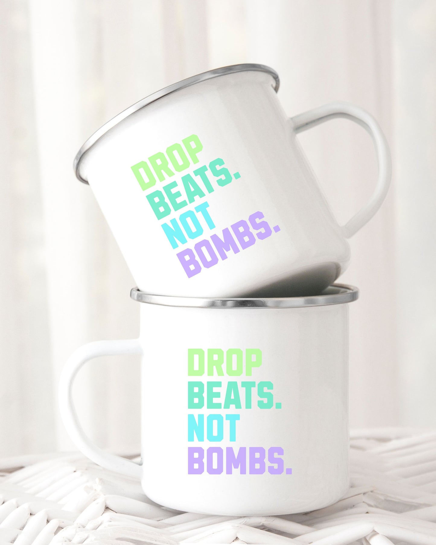 Drop Beats Not Bombs Mug – Colorful Peace Music Activist Coffee Cup