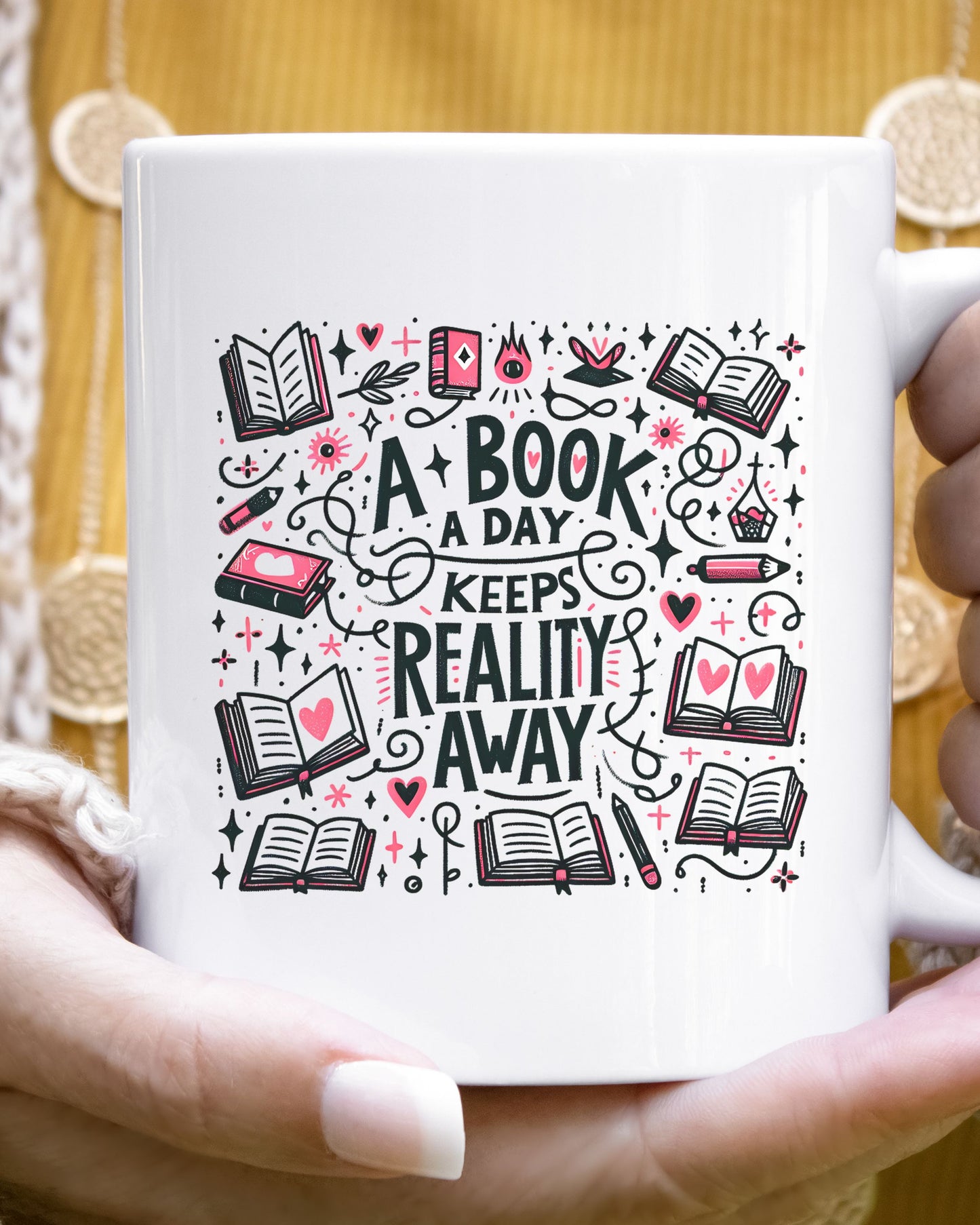 A Book a Day Keeps Reality Away Mug – Cozy Book Lover Gift with Cute Details