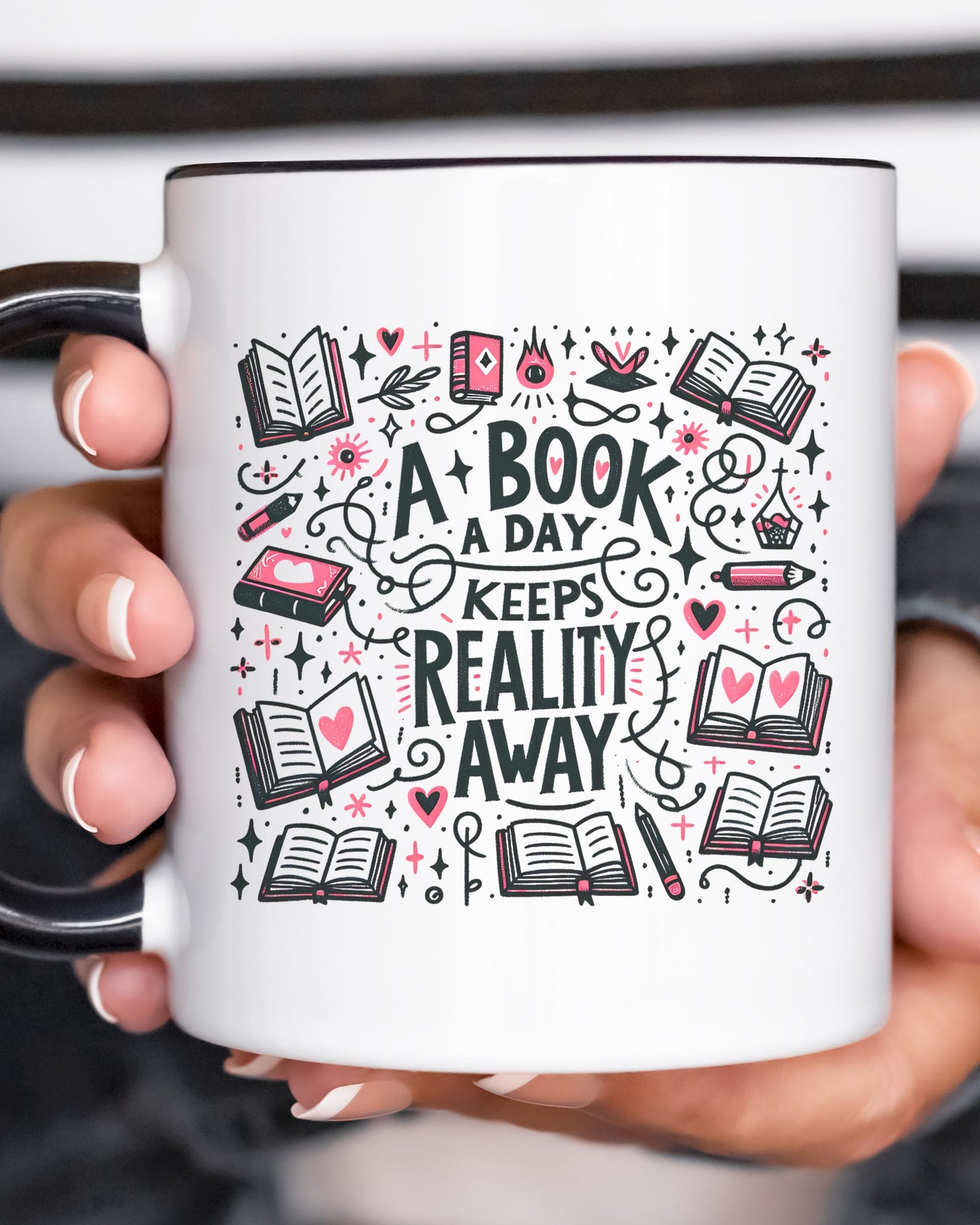 A Book a Day Keeps Reality Away Mug – Cozy Book Lover Gift with Cute Details