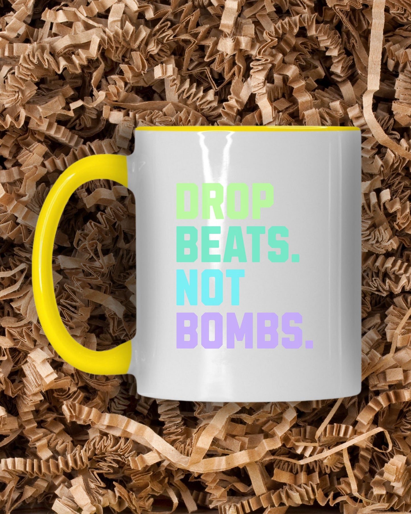 Drop Beats Not Bombs Mug – Colorful Peace Music Activist Coffee Cup