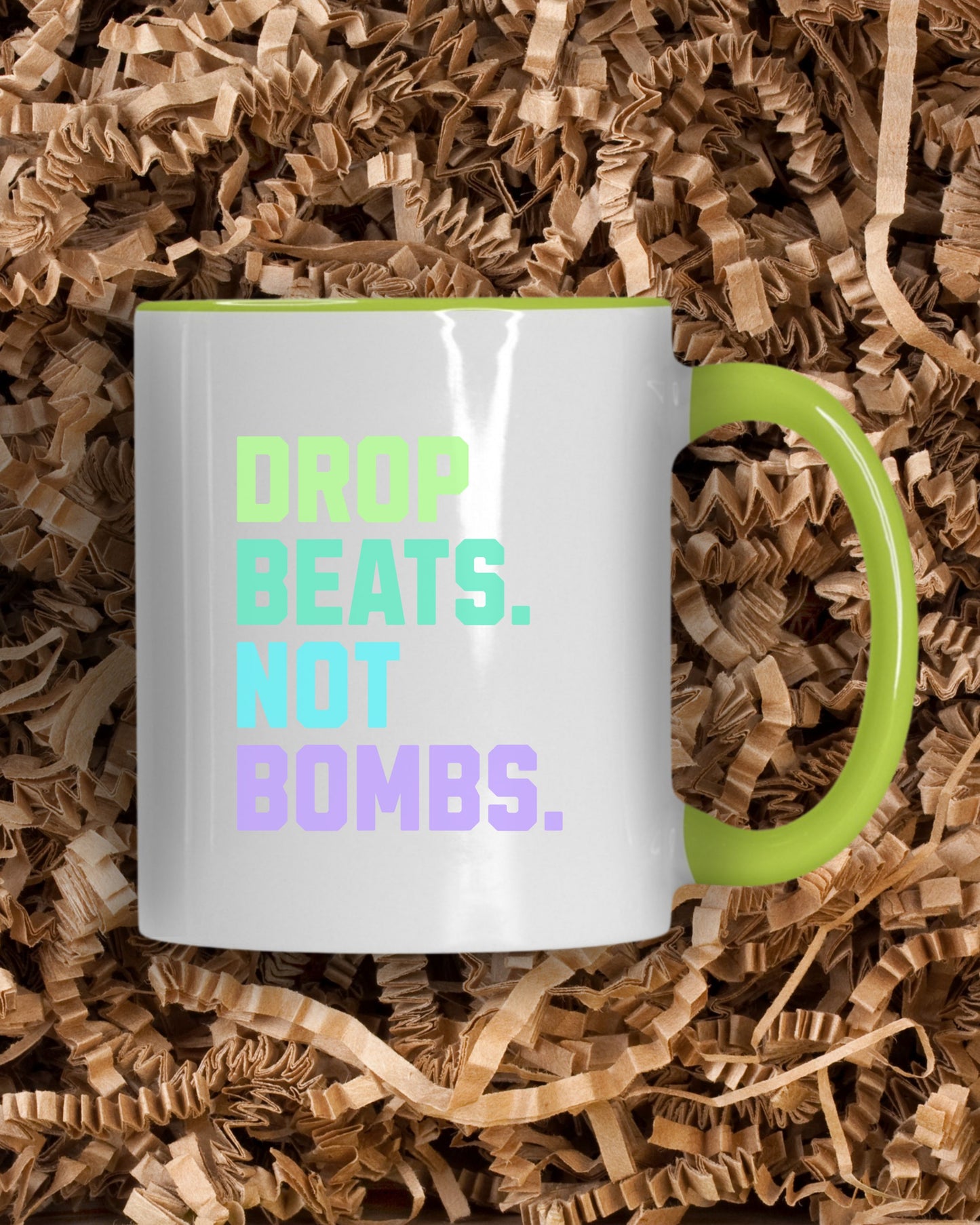 Drop Beats Not Bombs Mug – Colorful Peace Music Activist Coffee Cup