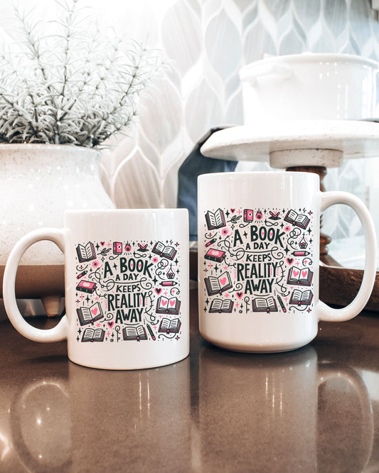 A Book a Day Keeps Reality Away Mug – Cozy Book Lover Gift with Cute Details