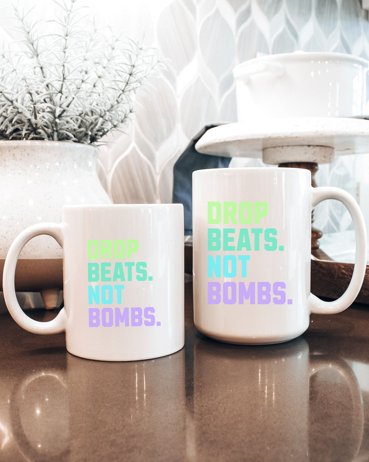 Drop Beats Not Bombs Mug – Colorful Peace Music Activist Coffee Cup