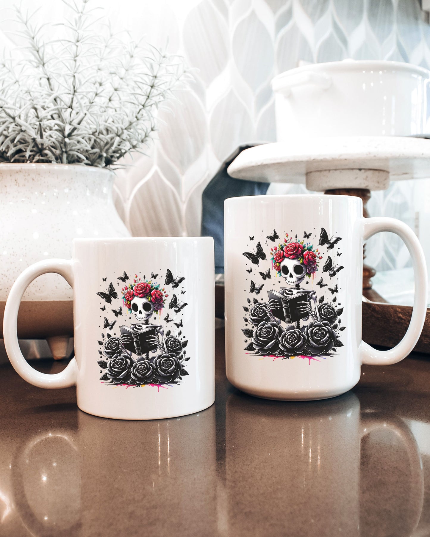 Goth Skeleton Reading Mug – Dark Academia Coffee Cup with Rose Crown