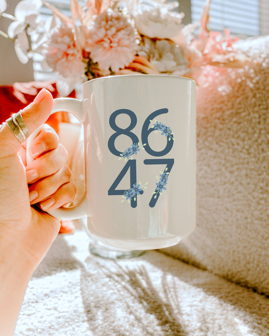 Floral 8647 Mug – Minimalist Political Statement Coffee Cup