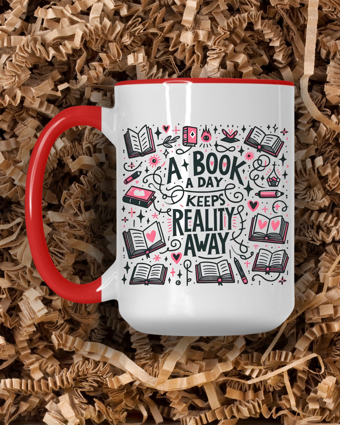 A Book a Day Keeps Reality Away Mug – Cozy Book Lover Gift with Cute Details