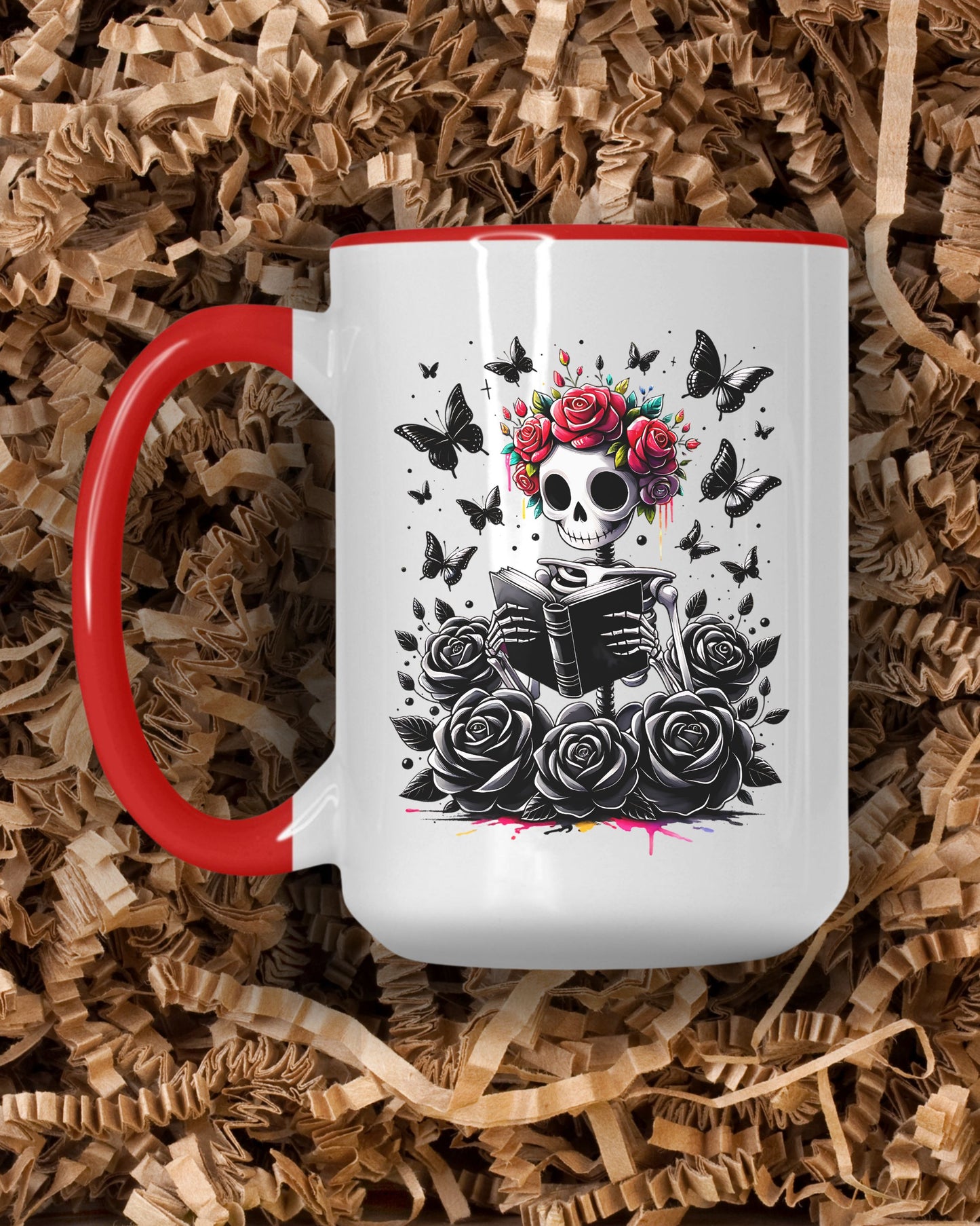 Goth Skeleton Reading Mug – Dark Academia Coffee Cup with Rose Crown