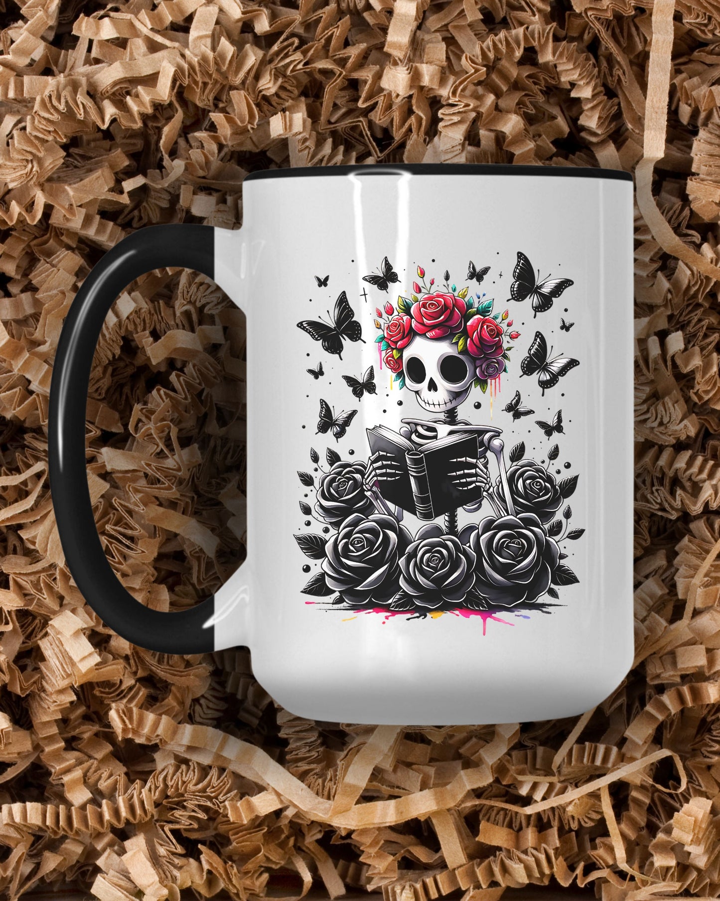 Goth Skeleton Reading Mug – Dark Academia Coffee Cup with Rose Crown