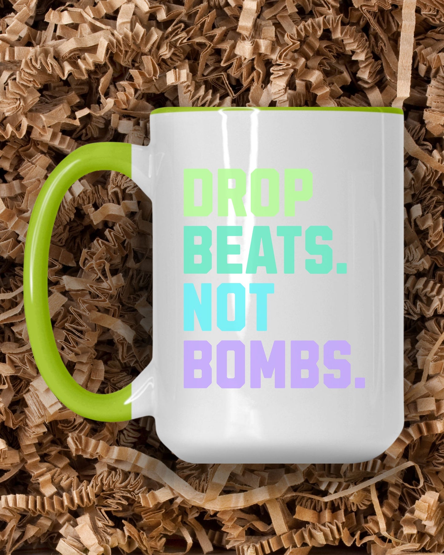 Drop Beats Not Bombs Mug – Colorful Peace Music Activist Coffee Cup