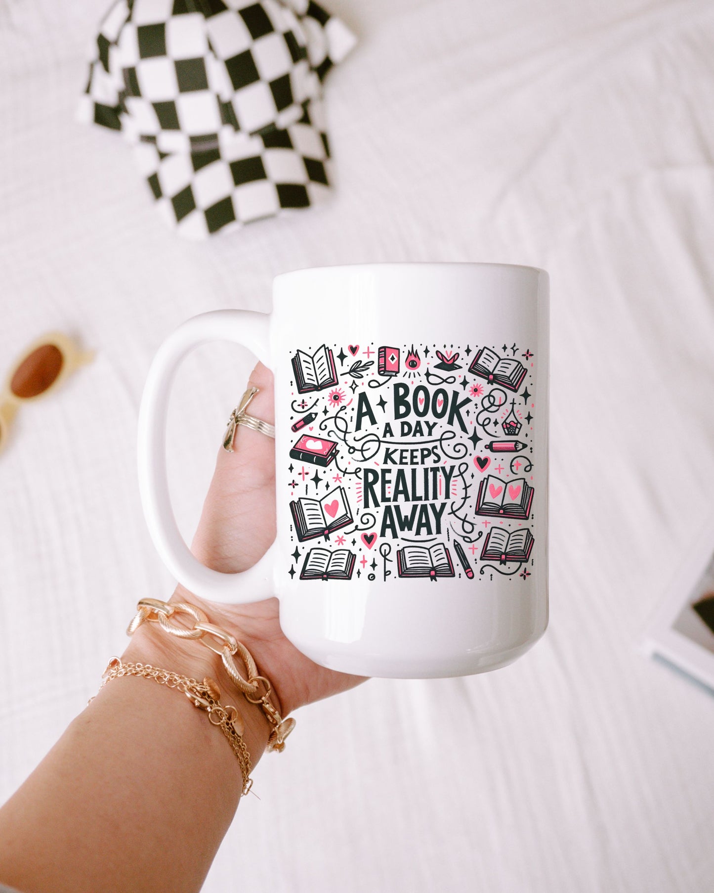 A Book a Day Keeps Reality Away Mug – Cozy Book Lover Gift with Cute Details