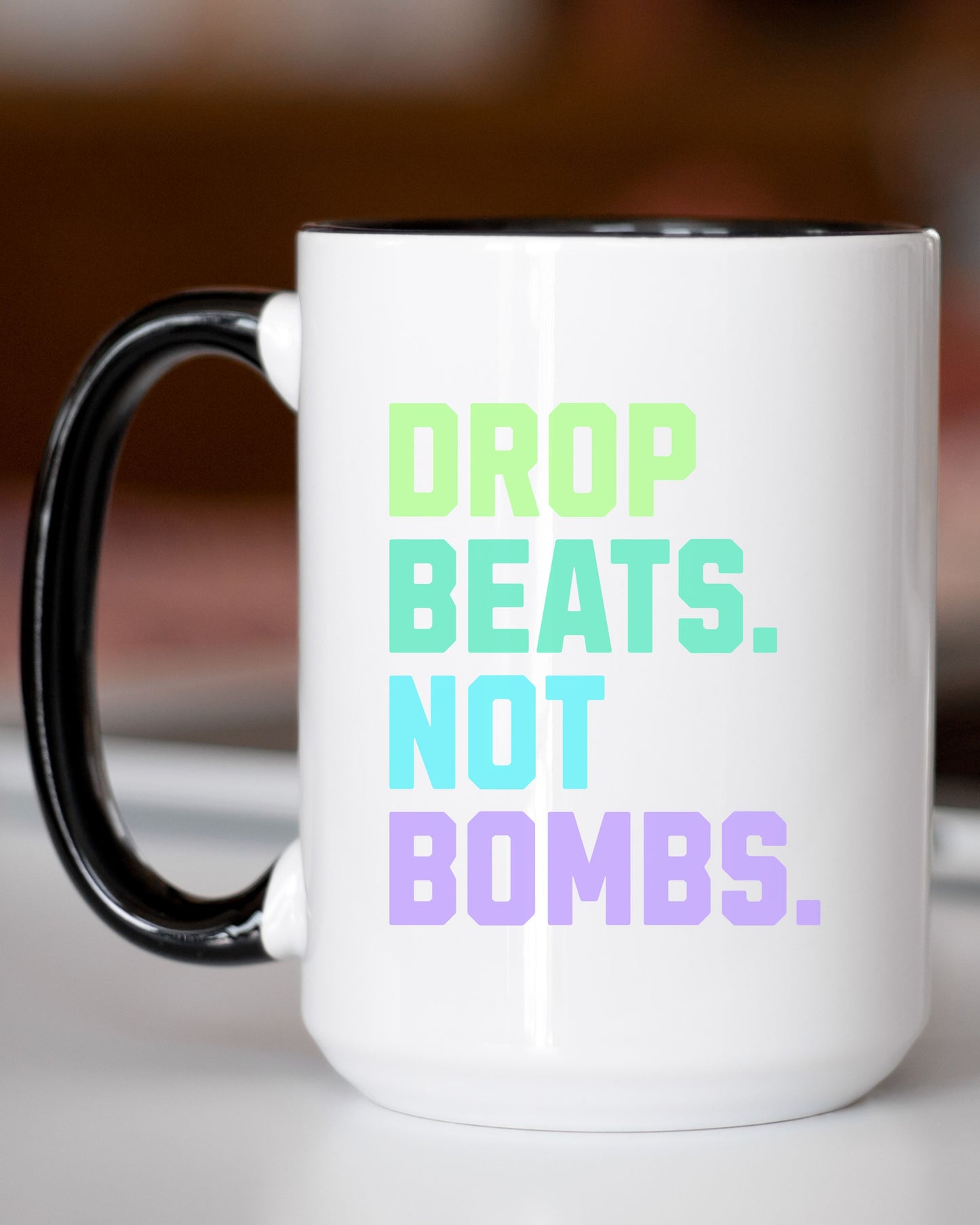 Drop Beats Not Bombs Mug – Colorful Peace Music Activist Coffee Cup
