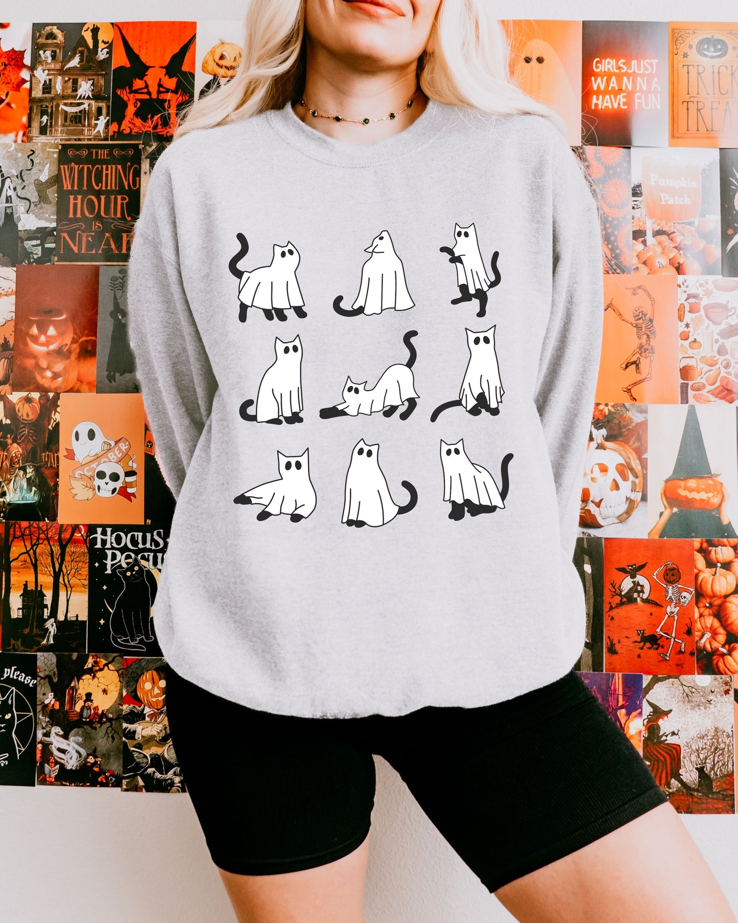 Cute Ghost Cats Sweatshirt – Halloween Cat Graphic Crewneck