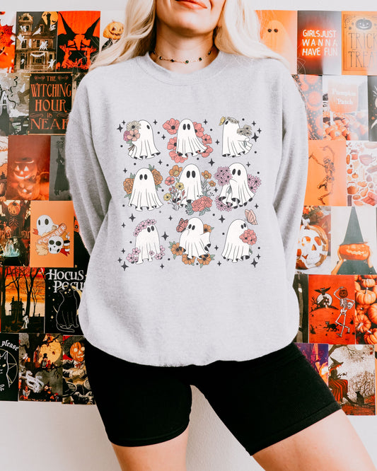Ghosts & Flowers Distressed Sweatshirt – Gildan Crewneck with Cottage core Graphic