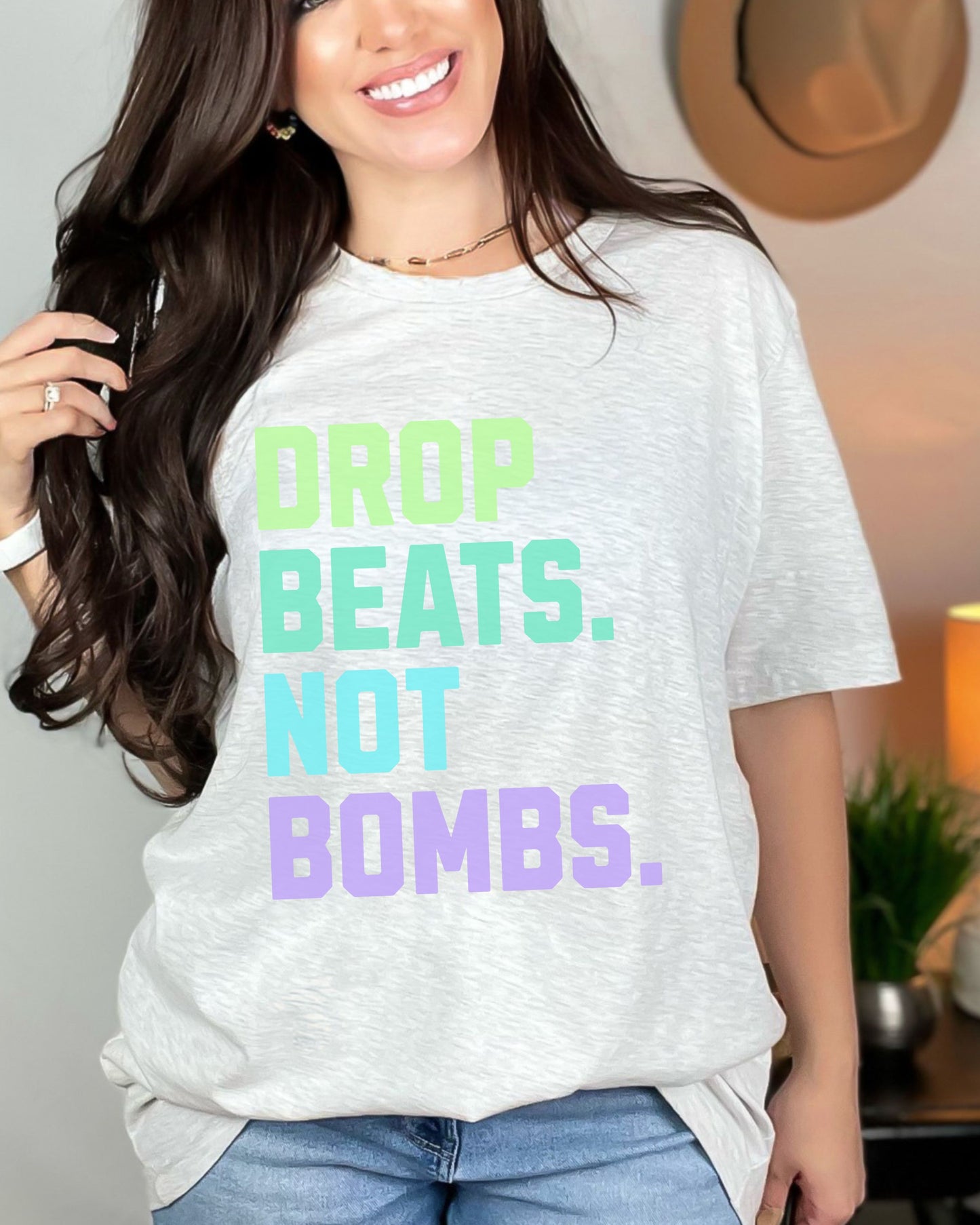 Drop Beats Not Bombs T-Shirt – Bella + Canvas Colorful Peace Music Tee