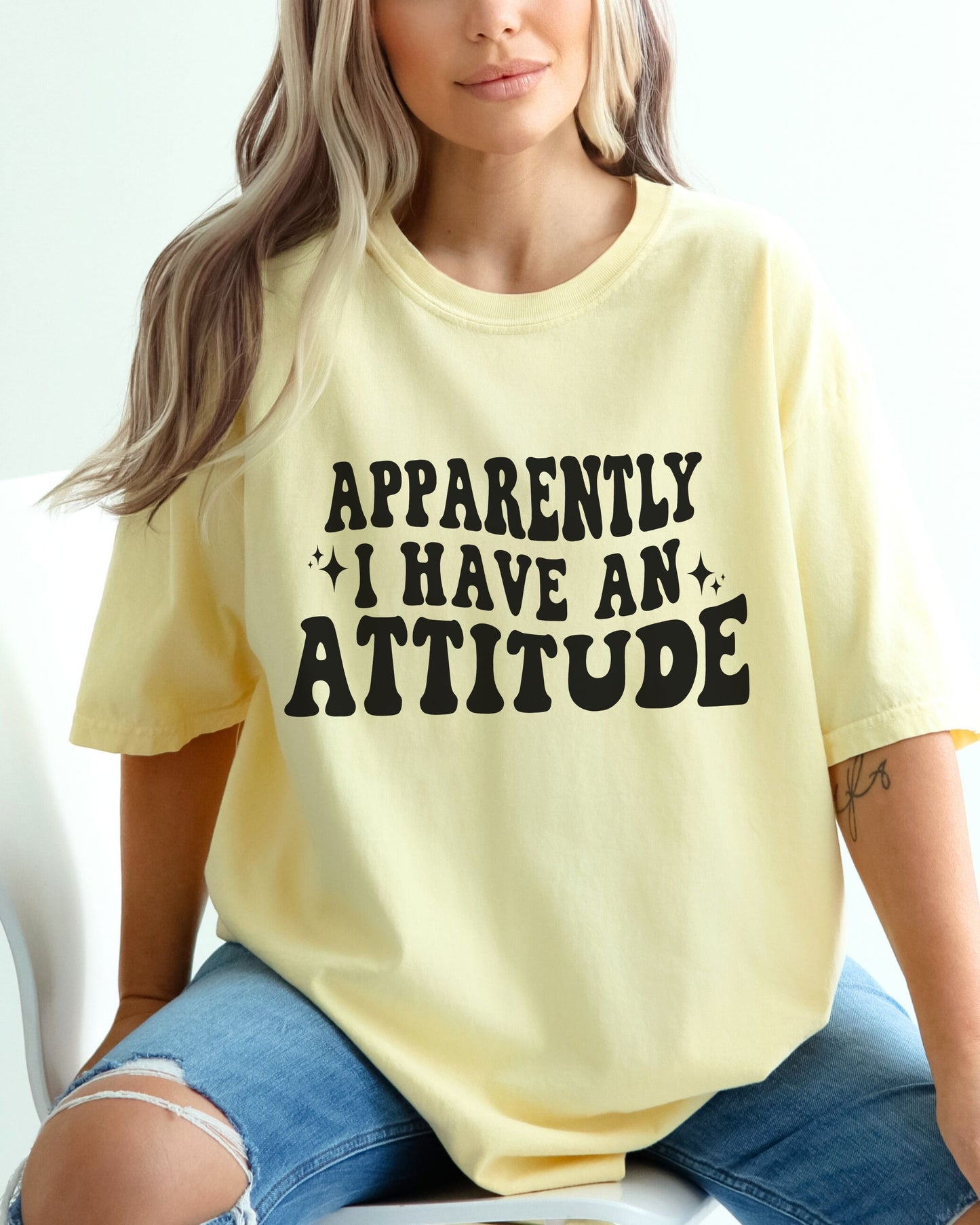 woman wearing sarcastic graphic tee with attitude message in color Banana yellow by Comfort Colors