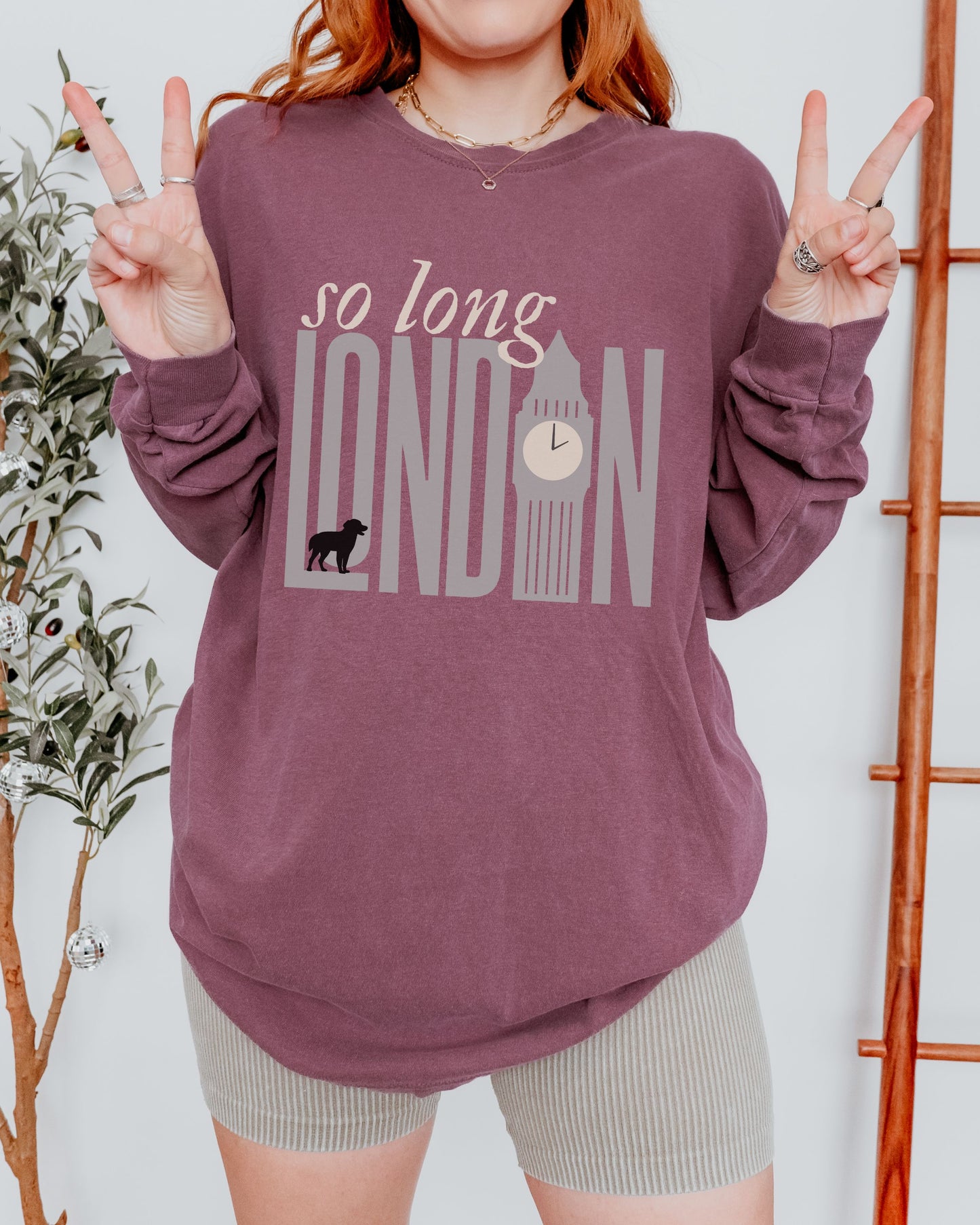 So Long London Long Sleeve Shirt – Comfort Colors Tee with Dog & Clock Graphic