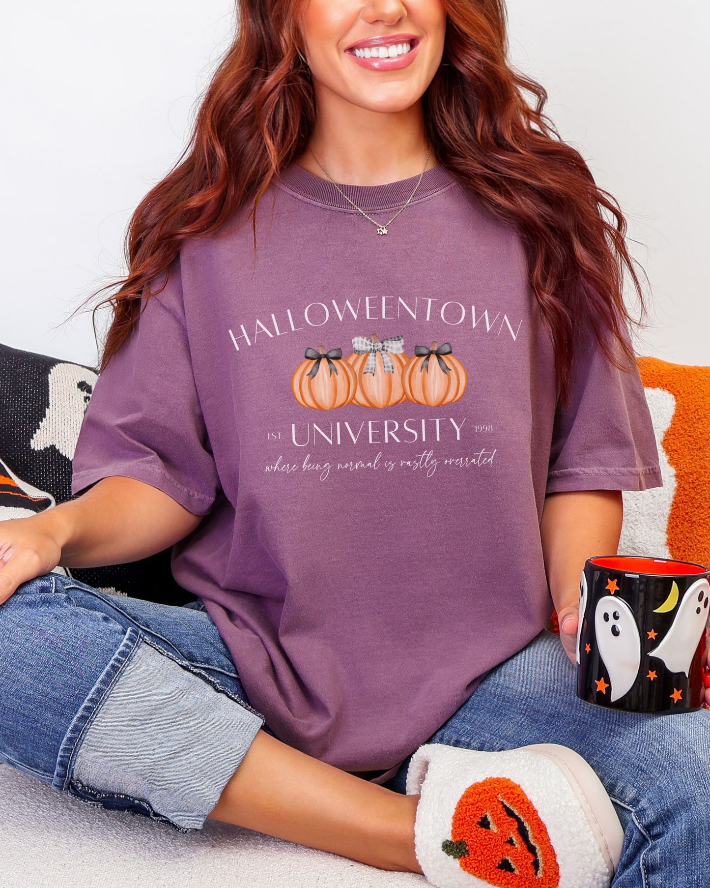 Halloweentown University T-Shirt – Comfort Colors Tee with Coquette Pumpkins