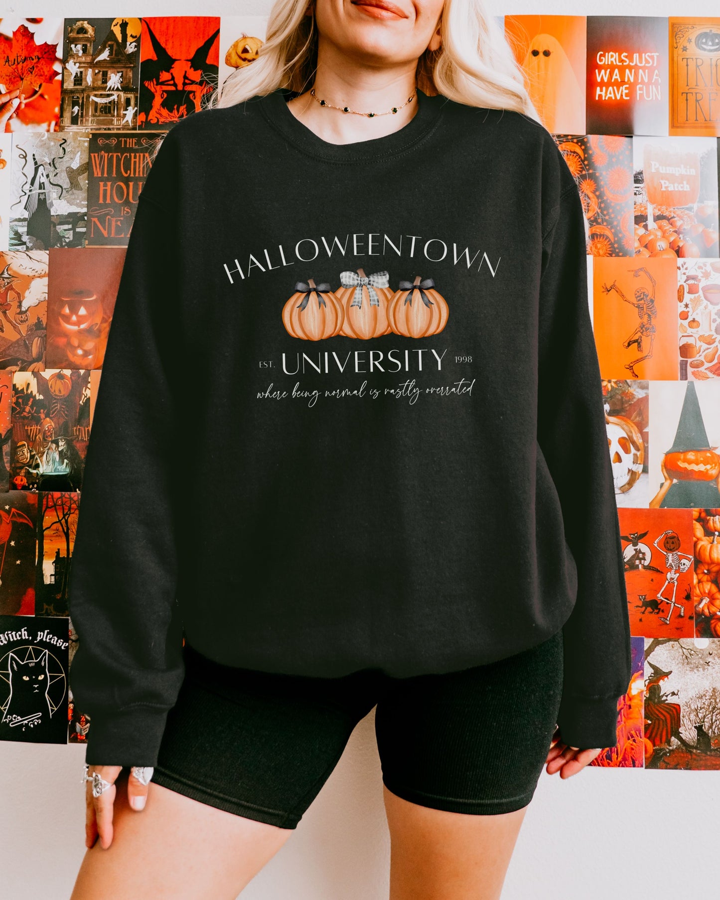 Halloweentown University Sweatshirt – Gildan Crewneck with Coquette Pumpkins