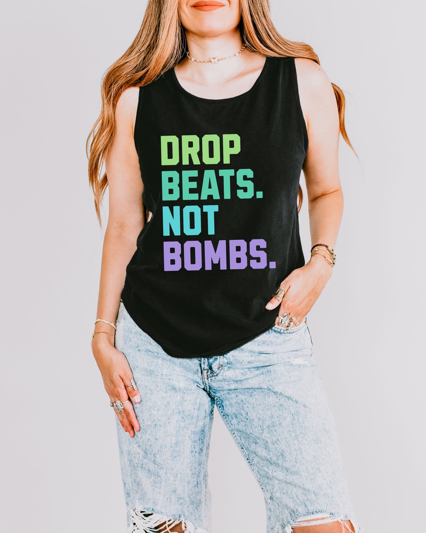 Drop Beats Not Bombs Tank Top – Comfort Colors Colorful Peace Music Tee