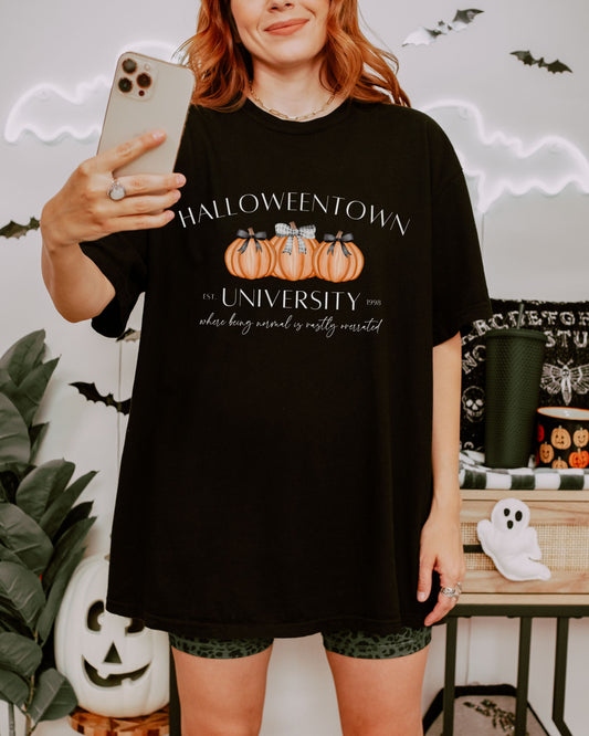 Halloweentown University T-Shirt – Comfort Colors Tee with Coquette Pumpkins