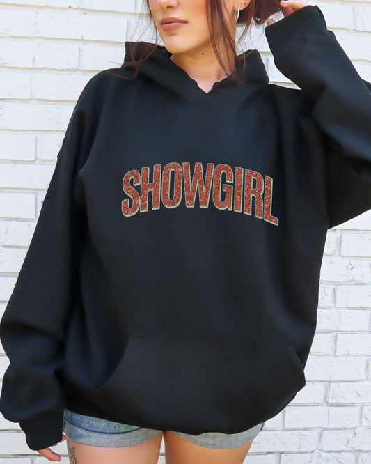 Showgirl Hoodie – Glitter-Effect Printed Vintage Graphic Pullover