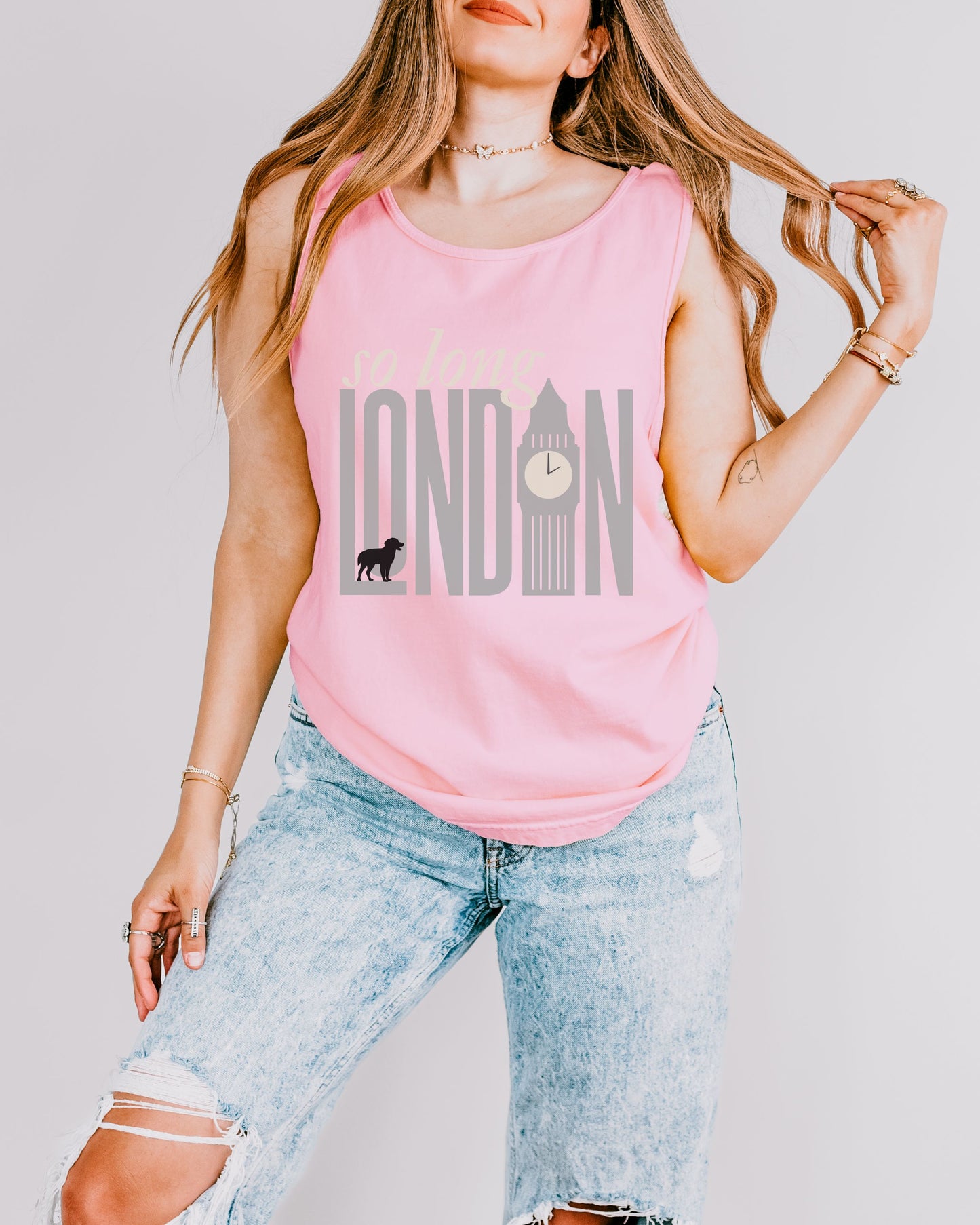 So Long London Tank Top – Comfort Colors with Dog & Clock Graphic