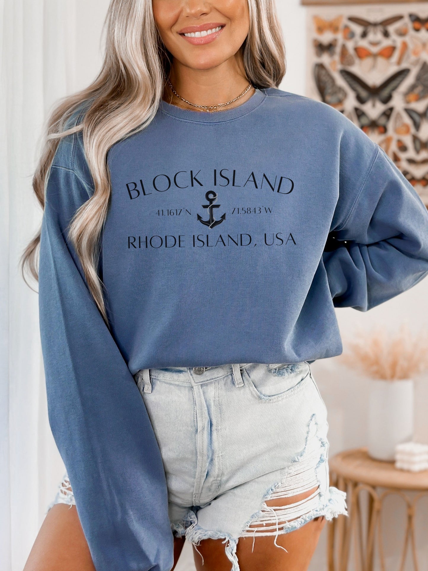 Block Island Rhode Island Sweatshirt – Comfort Colors Crewneck with Anchor & Coordinates