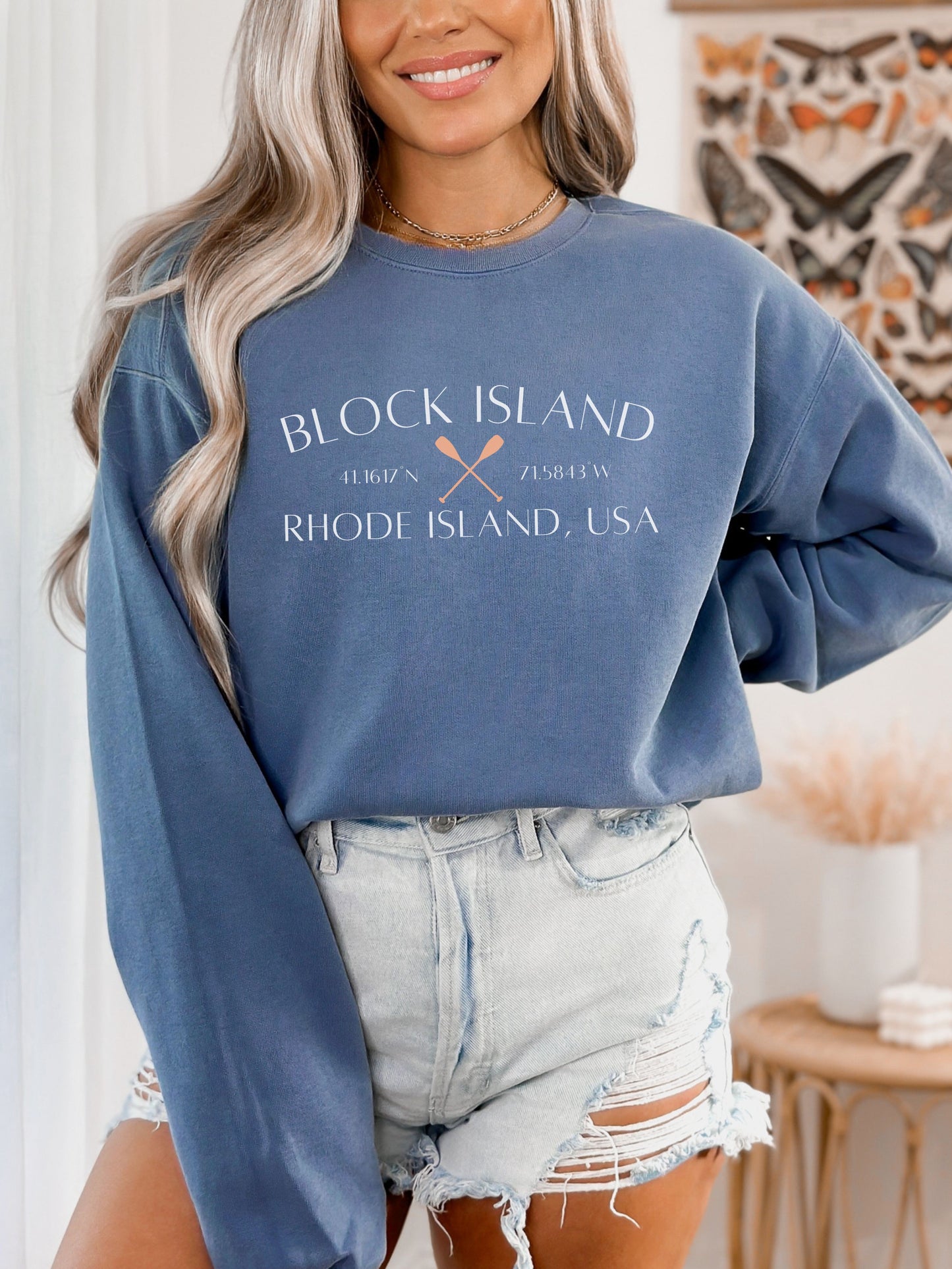 Block Island Rhode Island Sweatshirt – Comfort Colors Crewneck with Crossed Paddles & Coordinates