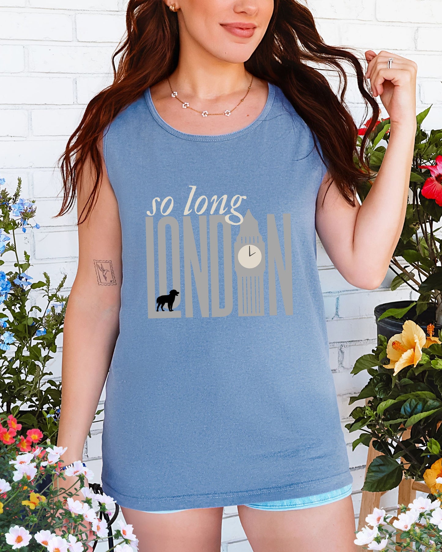 So Long London Tank Top – Comfort Colors with Dog & Clock Graphic