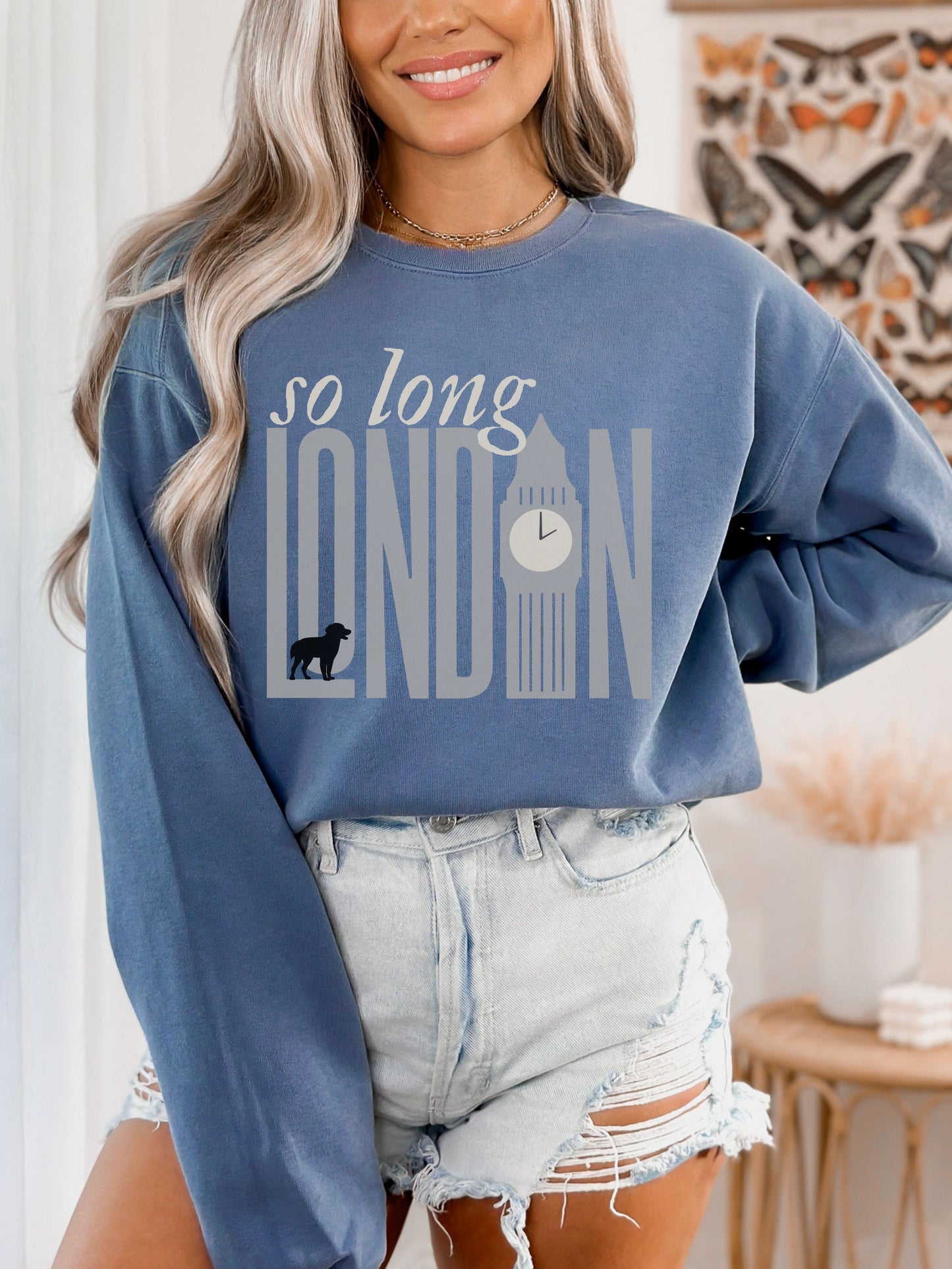 So Long London Sweatshirt – Comfort Colors Crewneck with Dog & Clock Graphic