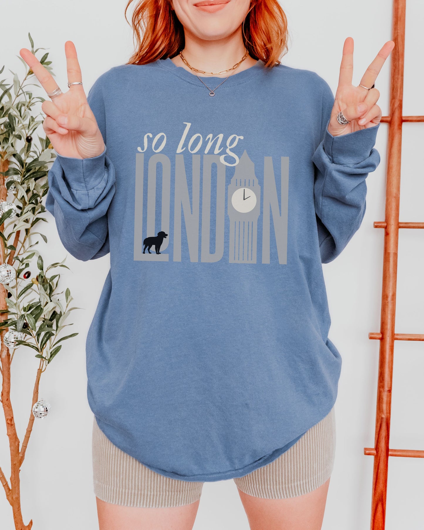 So Long London Long Sleeve Shirt – Comfort Colors Tee with Dog & Clock Graphic
