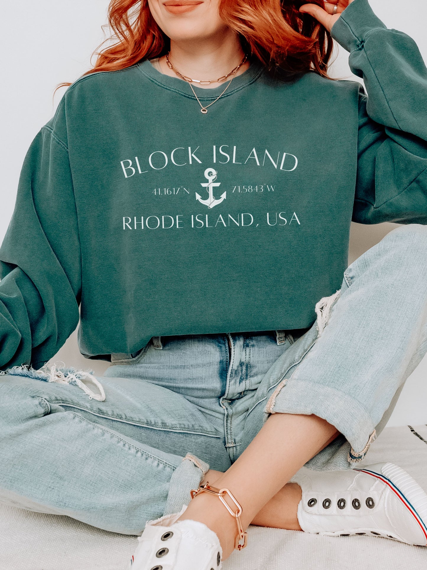 Block Island Rhode Island Sweatshirt – Comfort Colors Crewneck with Anchor & Coordinates