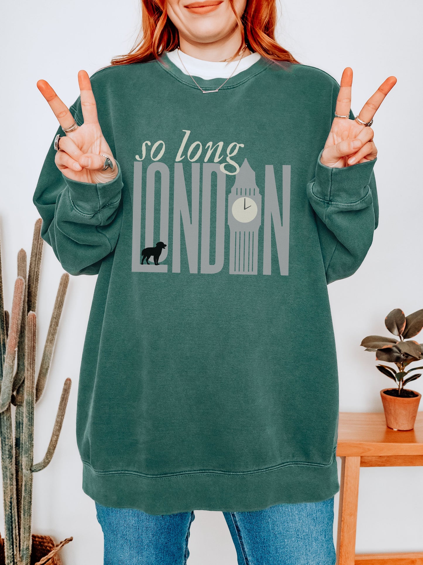 So Long London Sweatshirt – Comfort Colors Crewneck with Dog & Clock Graphic