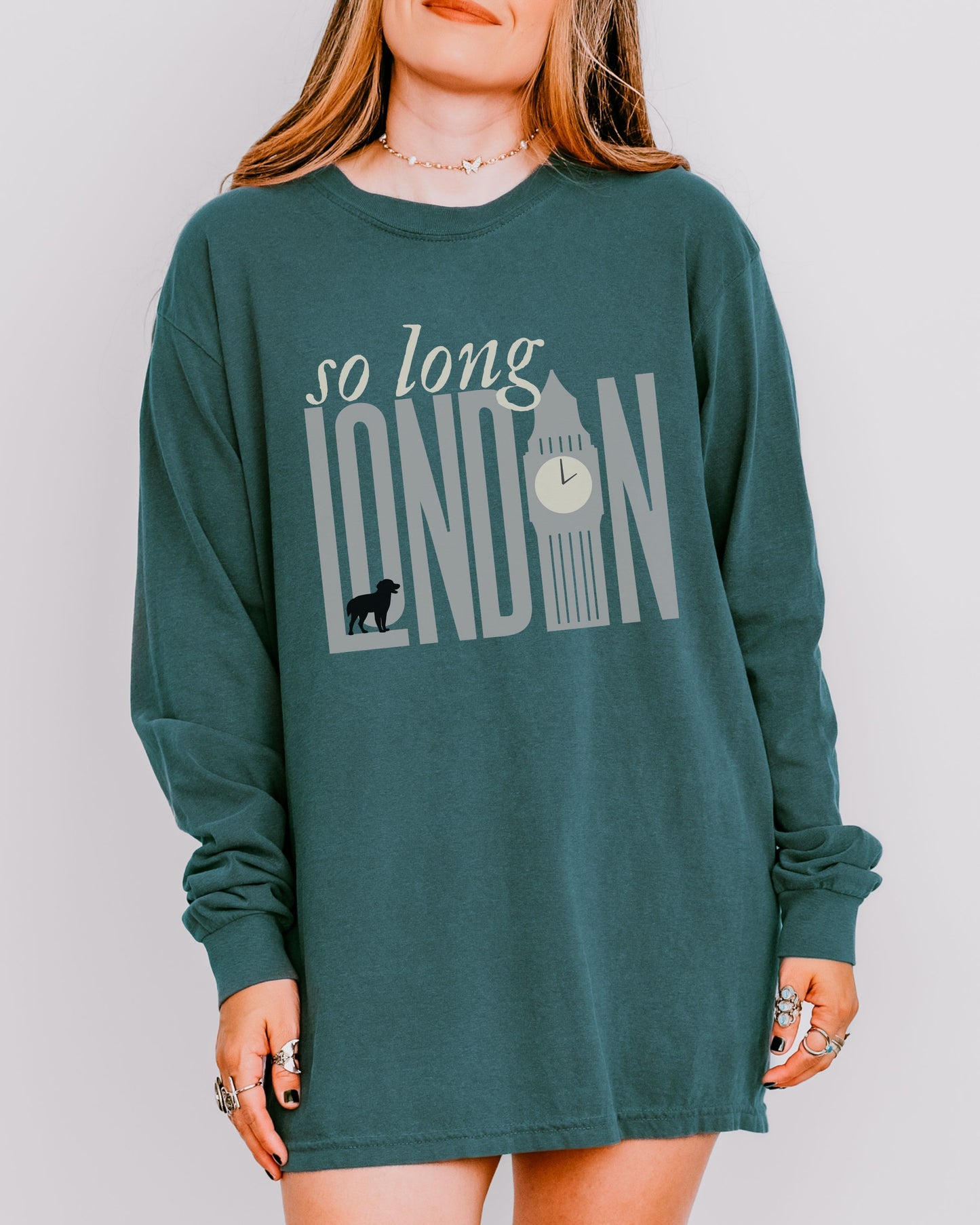 So Long London Long Sleeve Shirt – Comfort Colors Tee with Dog & Clock Graphic