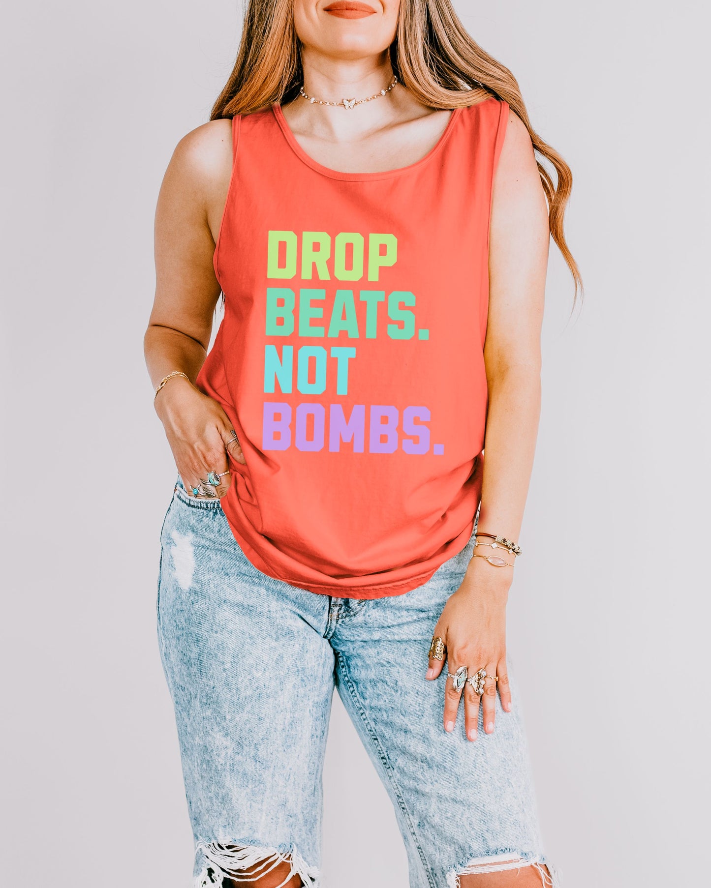 Drop Beats Not Bombs Tank Top – Comfort Colors Colorful Peace Music Tee
