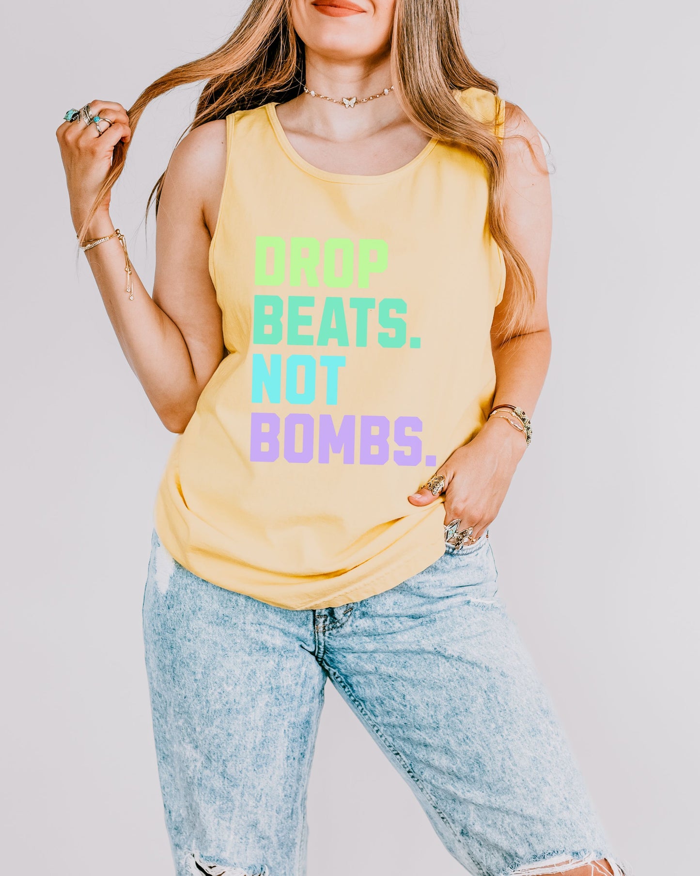 Drop Beats Not Bombs Tank Top – Comfort Colors Colorful Peace Music Tee