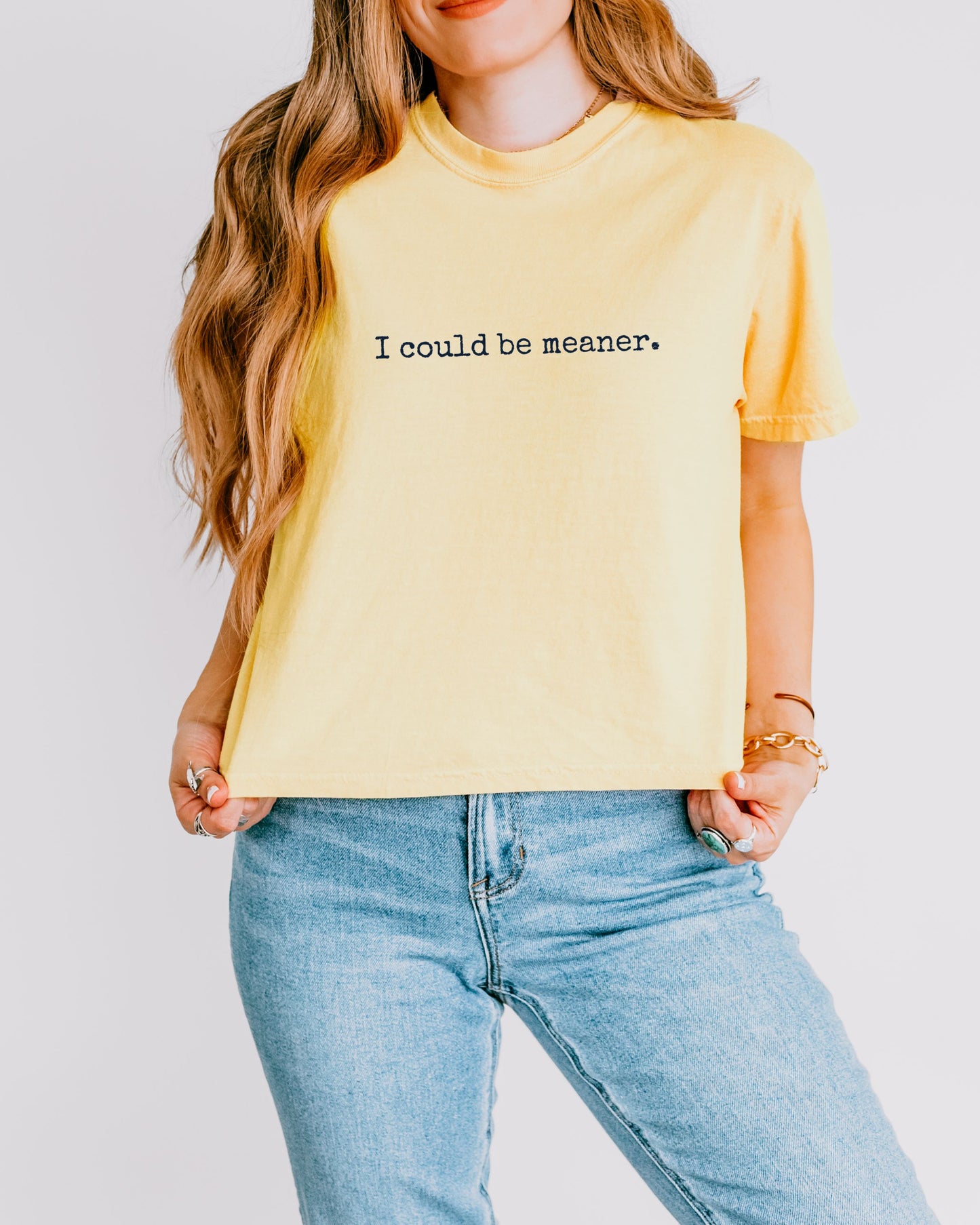 woman wearing edgy comfort colors crop top in color banana yellow with sarcastic text design