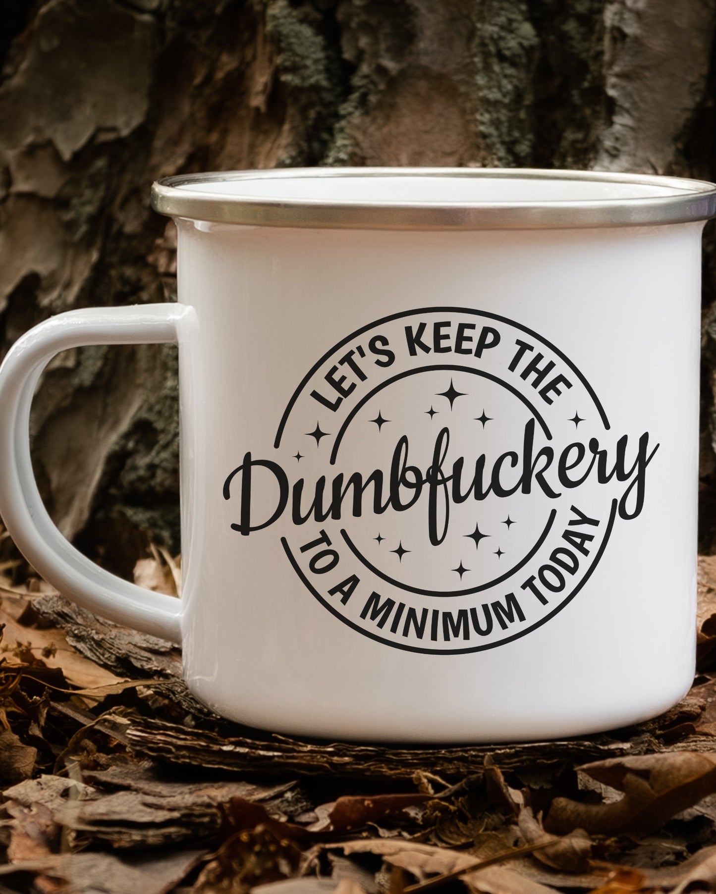 White mug with text design on a natural background