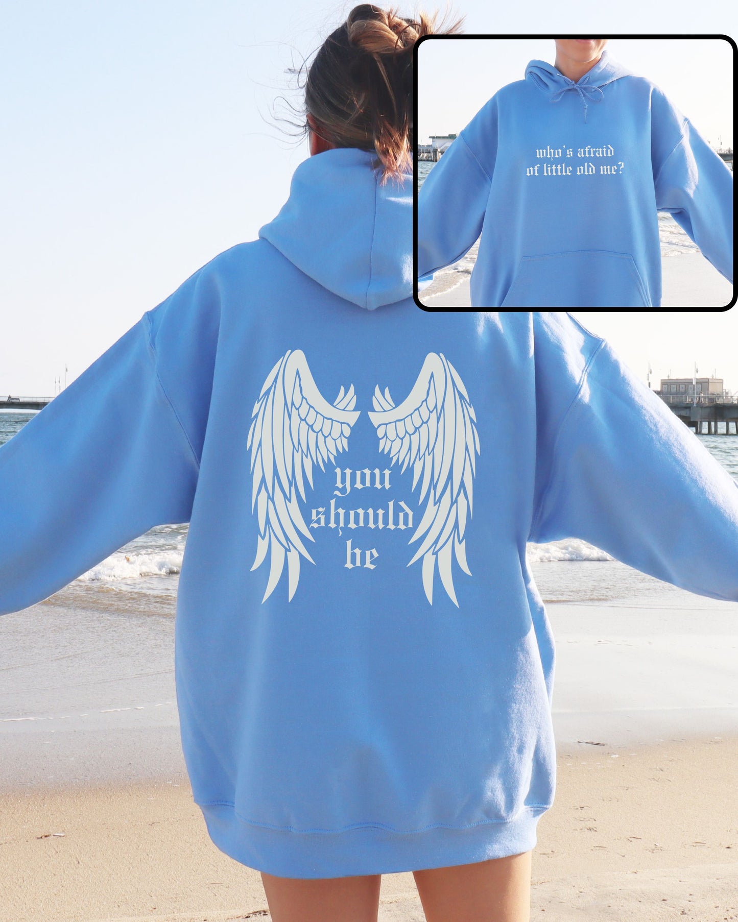 woman wearing who’s afraid of little old me hoodie, relaxed oversized fit