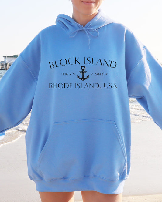 Block Island Rhode Island Hoodie – Gildan Graphic Hoodie with Anchor & Coordinates
