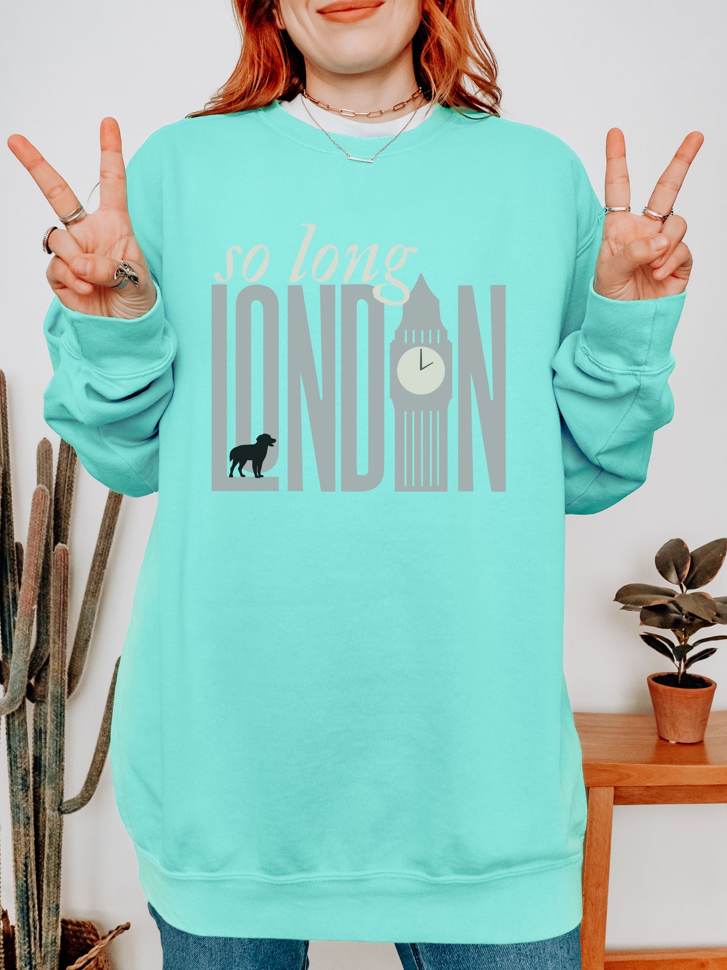 So Long London Sweatshirt – Comfort Colors Crewneck with Dog & Clock Graphic