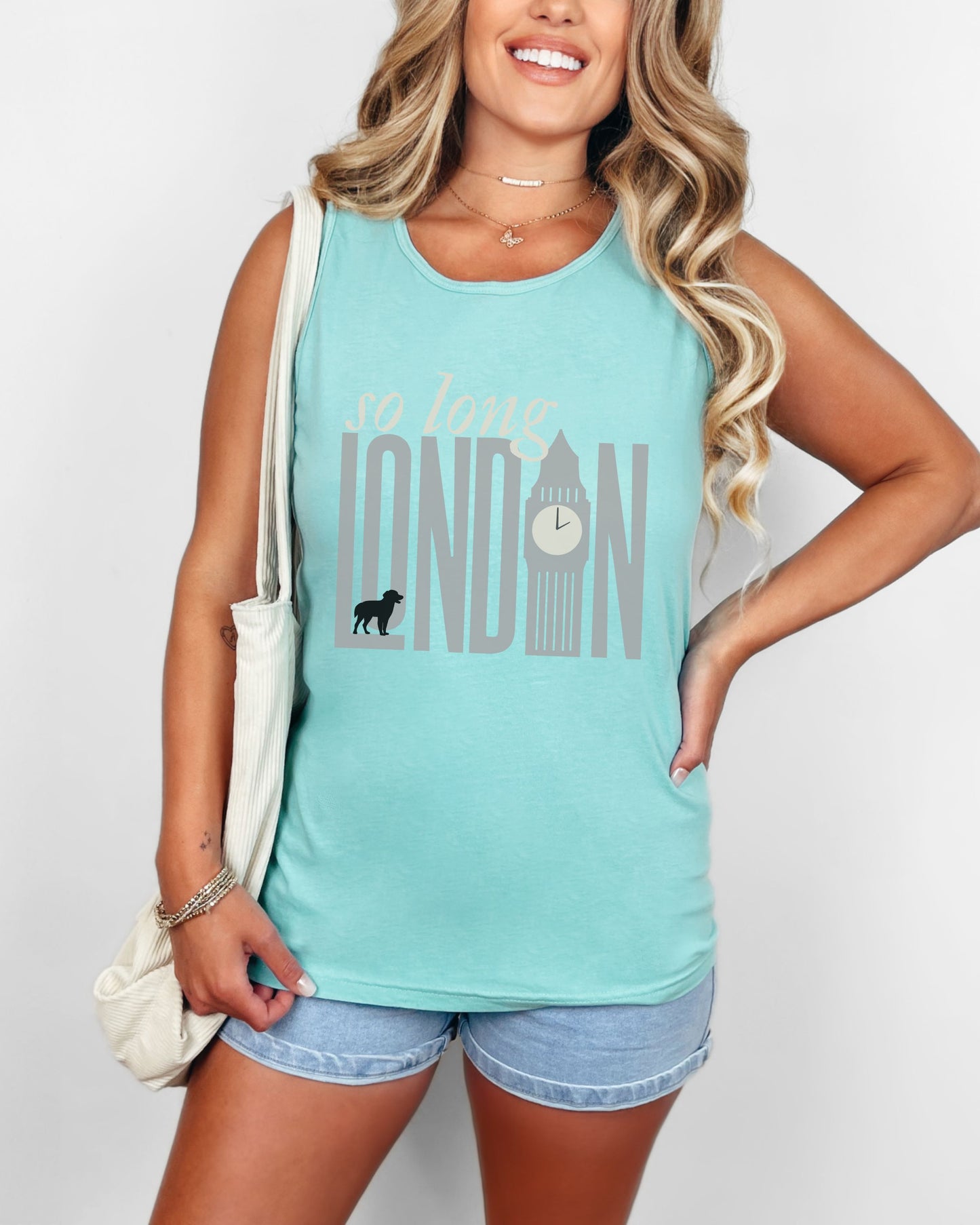 So Long London Tank Top – Comfort Colors with Dog & Clock Graphic