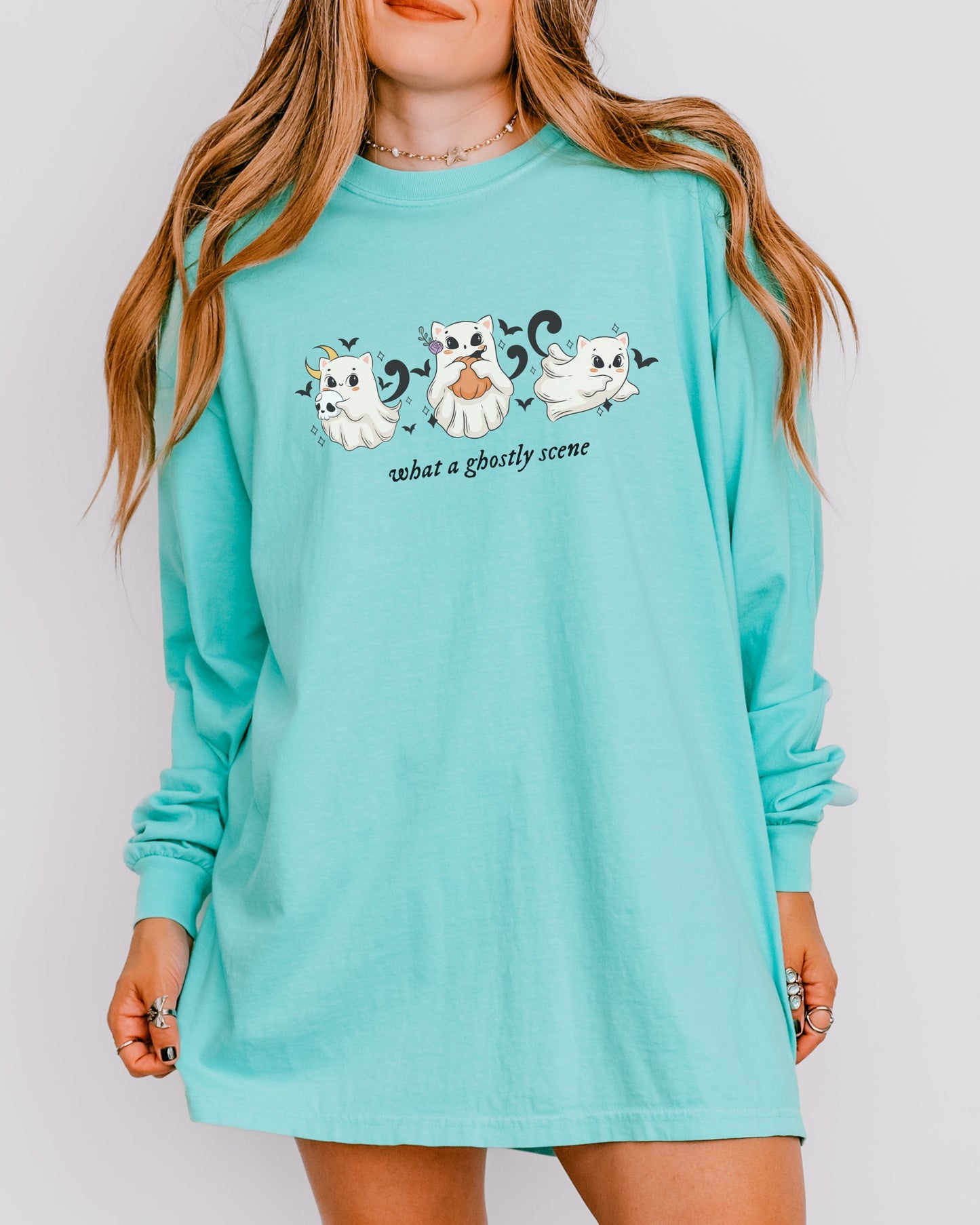 What a Ghostly Scene Long Sleeve Shirt – Comfort Colors with Cute Ghost Cats