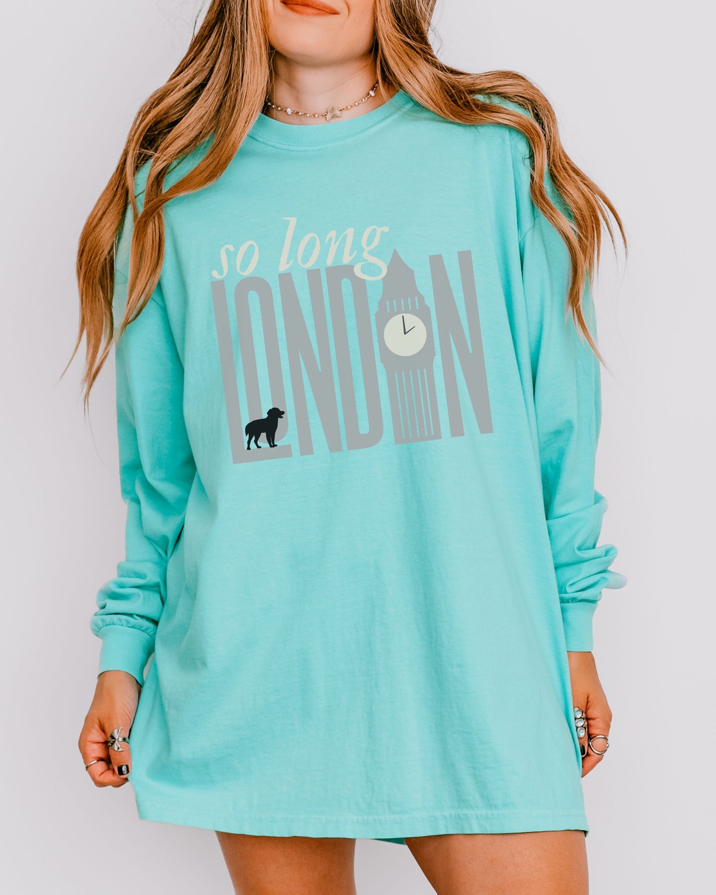 So Long London Long Sleeve Shirt – Comfort Colors Tee with Dog & Clock Graphic