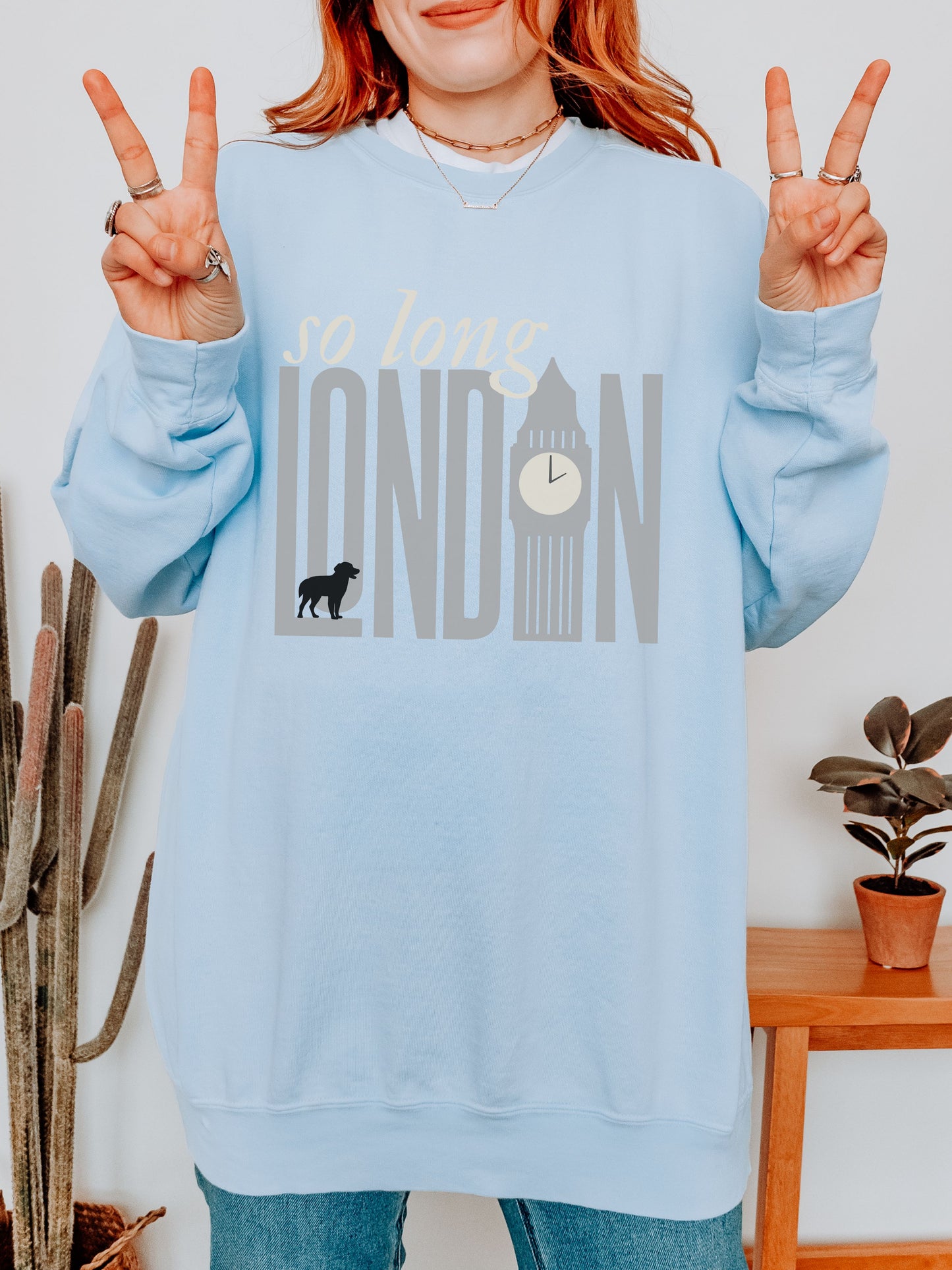 So Long London Sweatshirt – Comfort Colors Crewneck with Dog & Clock Graphic