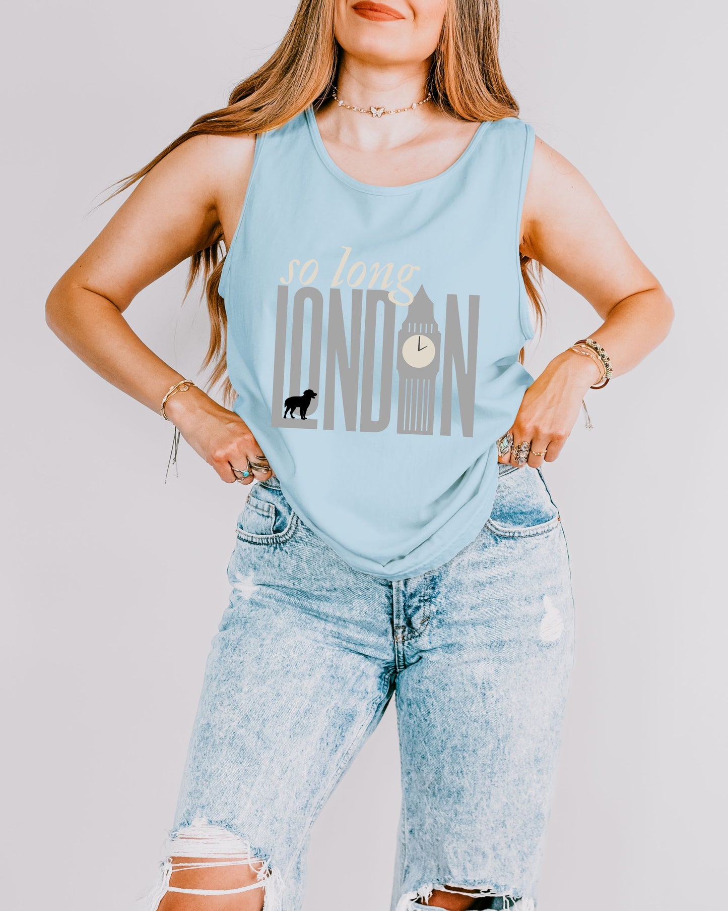 So Long London Tank Top – Comfort Colors with Dog & Clock Graphic