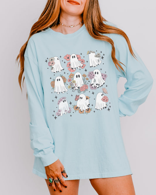 Ghosts & Flowers Distressed Long Sleeve Shirt – Comfort Colors Cottage core Tee