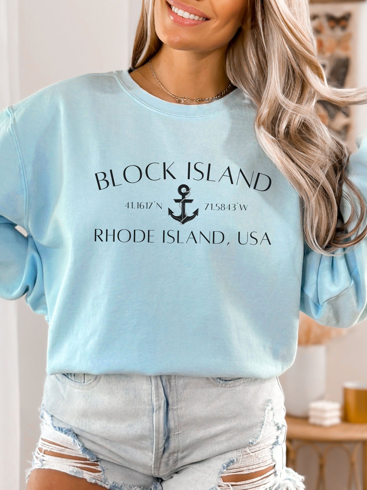 Block Island Rhode Island Sweatshirt – Comfort Colors Crewneck with Anchor & Coordinates