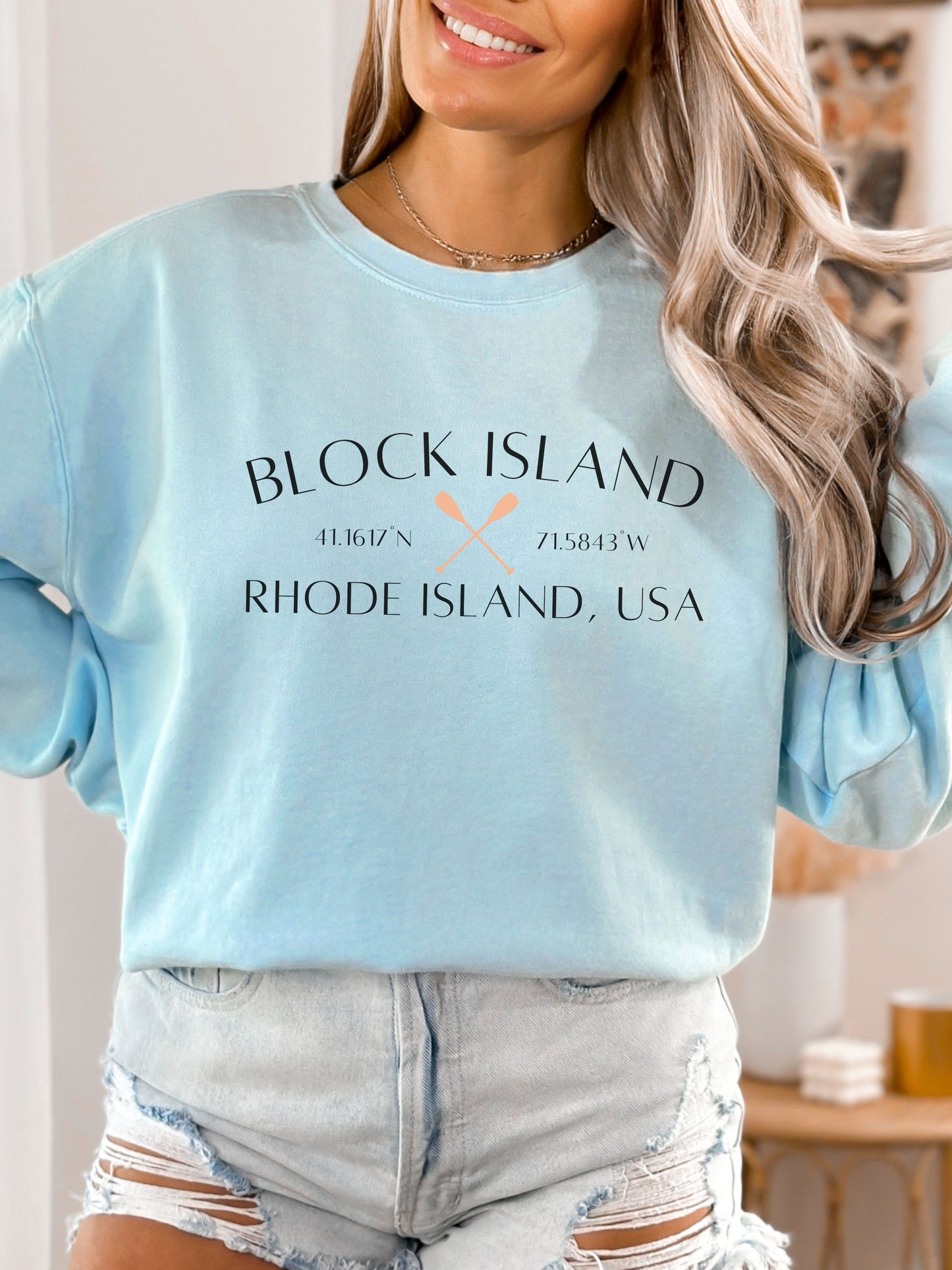 Block Island Rhode Island Sweatshirt – Comfort Colors Crewneck with Crossed Paddles & Coordinates